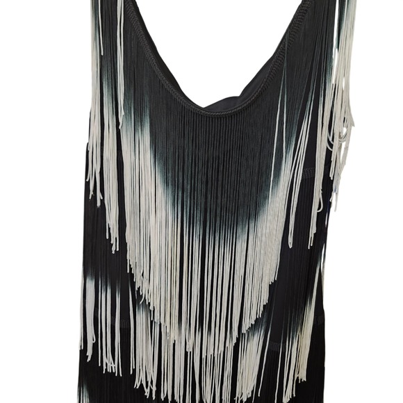 Boston Proper Womens Ombre Fringe Tiered Mini Dress Black White Sz 16 Boho Swing - Picture 3 of 10